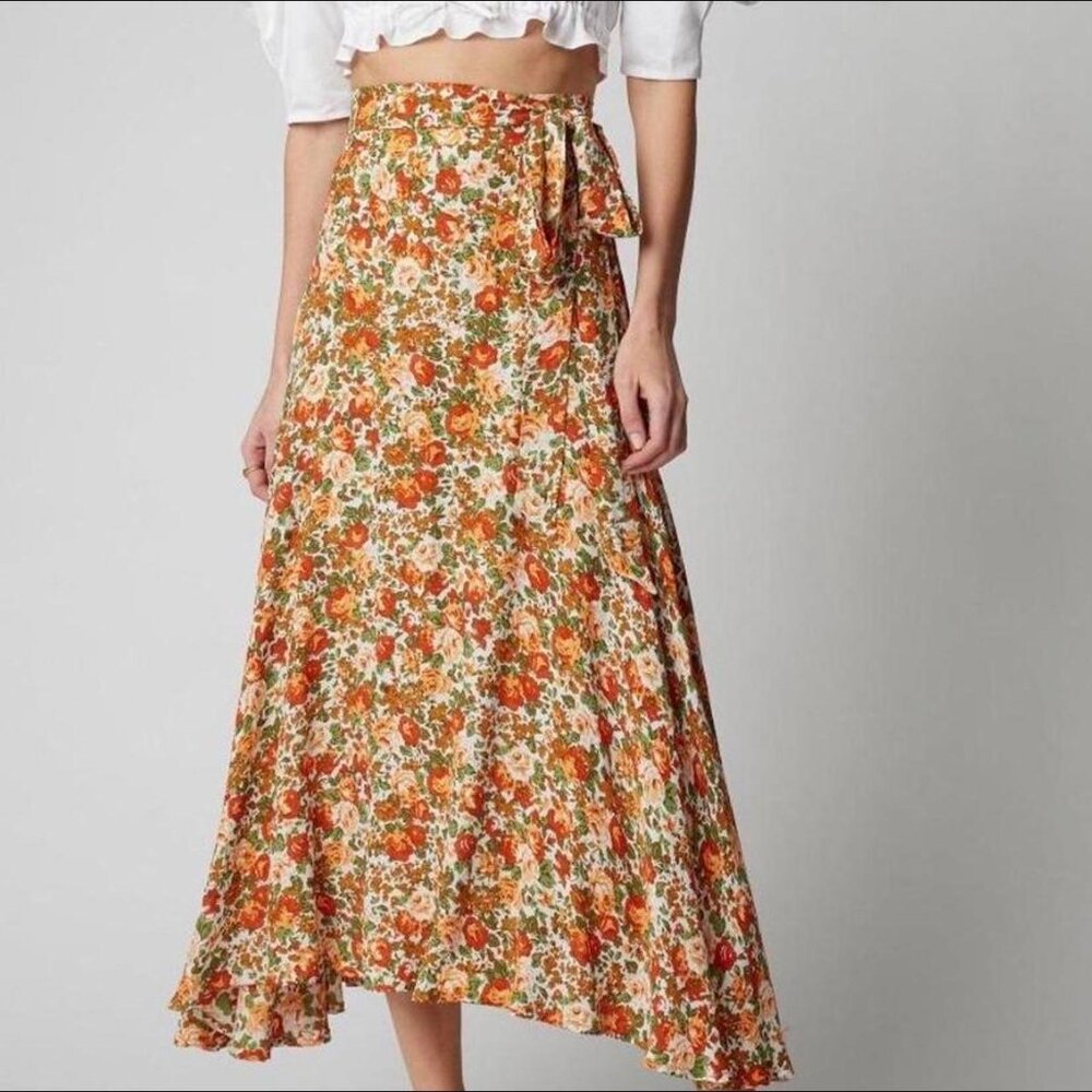 Faithfull the Brand Asiya Floral Orange Midi Wrap Skirt